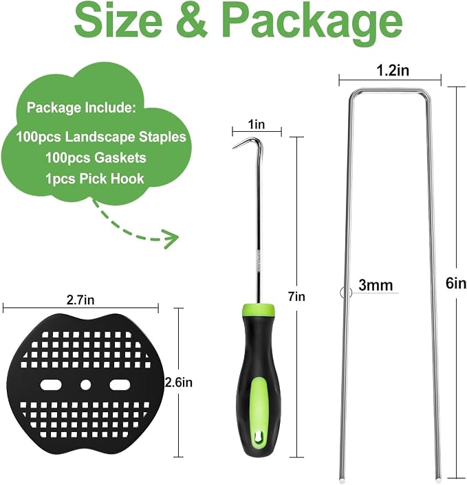 Landscape Staples 6 Inch 100Pcs Garden Stakes +100pcs Gasket, Galvanized Lawn Pins Spray Coating Yard Ground Spikes, U-Type Staples for Weed Barrier Anchoring Outdoor Tents Hoses