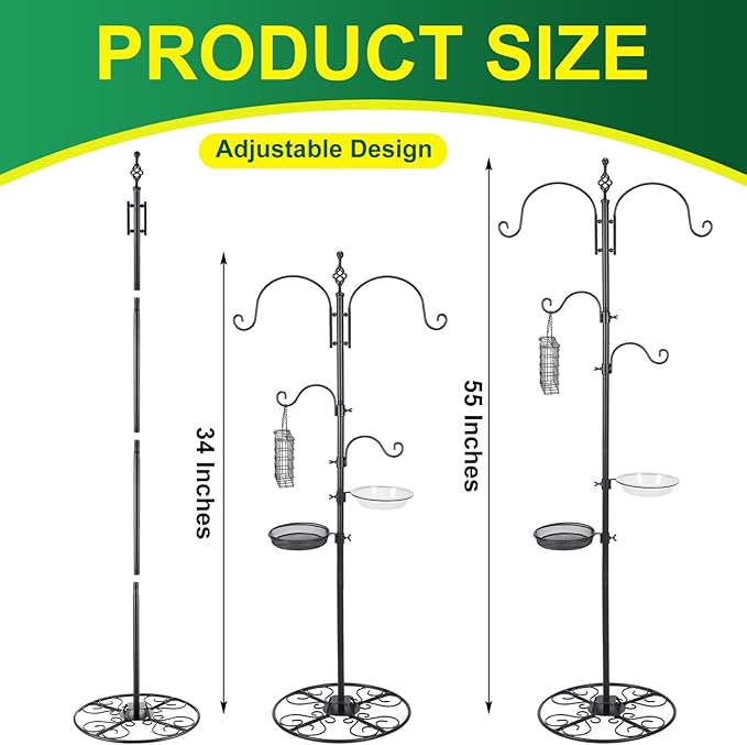 MorningRo Adjustable Shepherd Hook Stand, 34"- 55" Black Iron Shepherd Hook with Base for Plant Hanging, Wind Chime & Bird Feeder - Outdoor Garden Porch Decoration(Basic Style)