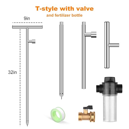 Deep Root Watering Tool for Trees - Stainless Steel Root Feeder with Fertilizer Bottle, Watering Wand Irrigation System with Brass Valve T-Handle for Garden, Orchard & Shrubs Irrigation Growth System