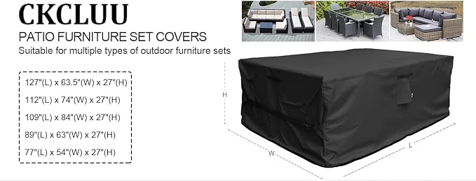 Patio Furniture Set Cover Waterproof Rectangular Heavy Duty 600D Outdoor Sectional Sofa Couch Cover Large Outside Dining Table and Chairs Covers Patio Conversation Set Cover Black 112 x 74 Inch
