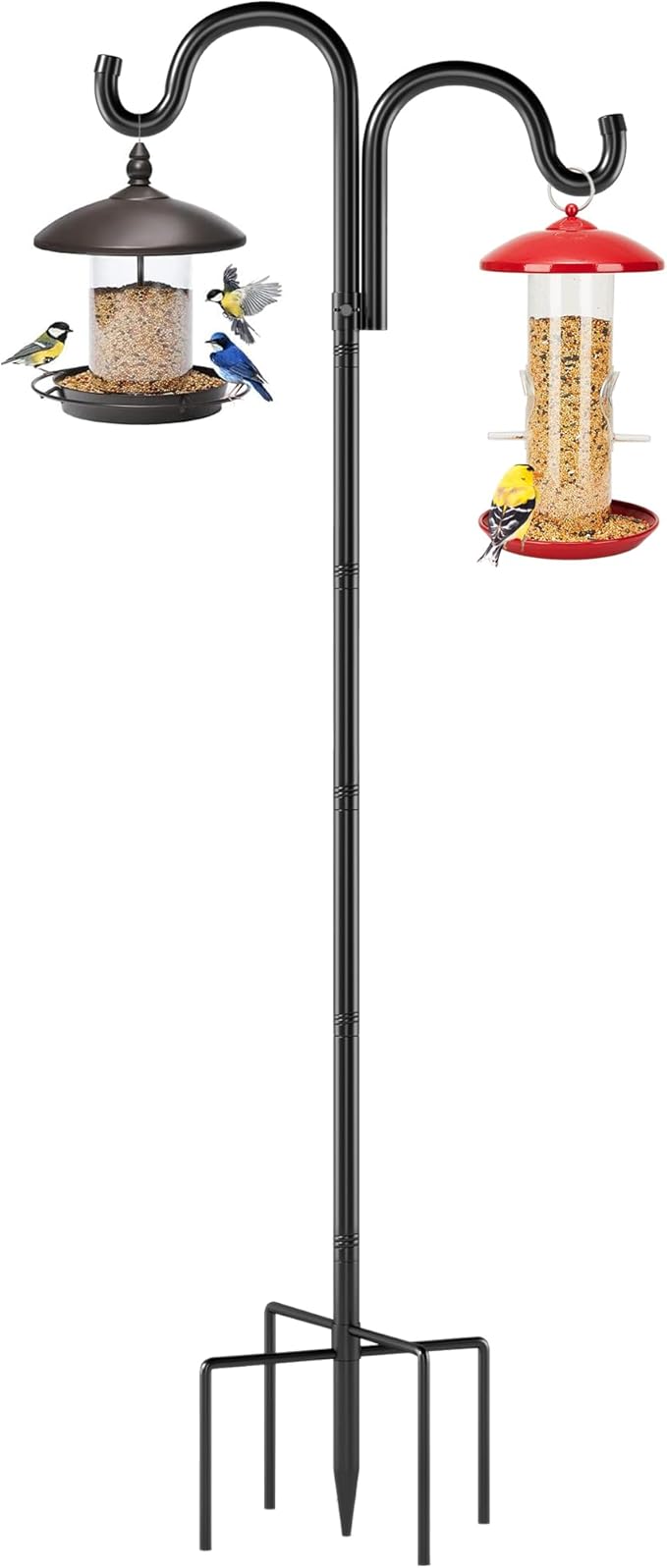 Double Shepherds Hooks for Outdoor, 92" Heavy Duty Bird Feeder Pole with 5 Prong Base, Adjustable Shepherds Hook for Bird feeders Outside, Garden, Weddings, Hanging Plants, 1 Pack, Black