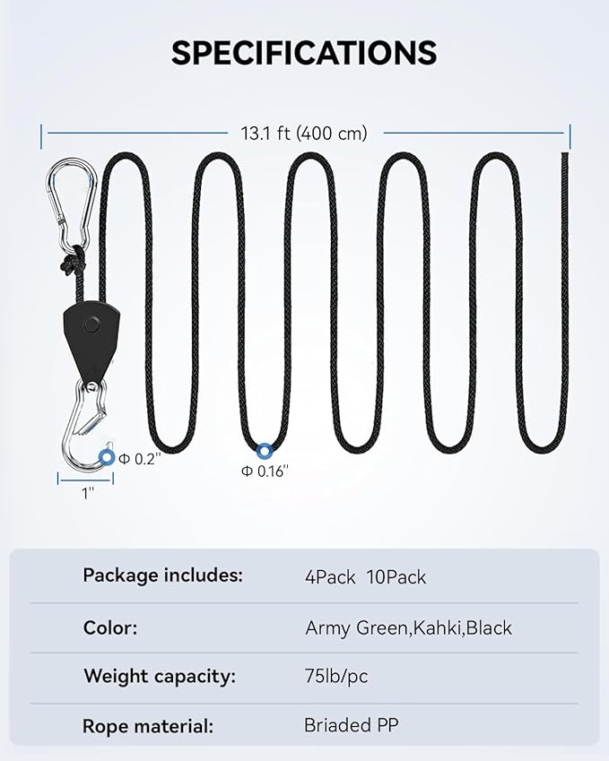 4Pack Retractable Ratchet Tie Down Straps, 13 Ft 1/8” Adjustable Rope Hanger, Heavy Duty Ratcheting Pulley System with 2 Carabiner Hook, for Xmars Decor, Hanging Plants, Grow Lights