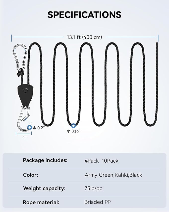 10Pack Retractable Ratchet Tie Down Straps, 13 Ft 1/8” Adjustable Rope Hanger, Heavy Duty Ratcheting Pulley System with 2 Carabiner Hook, for Xmars Decorations, Hanging Plants, Grow Lights