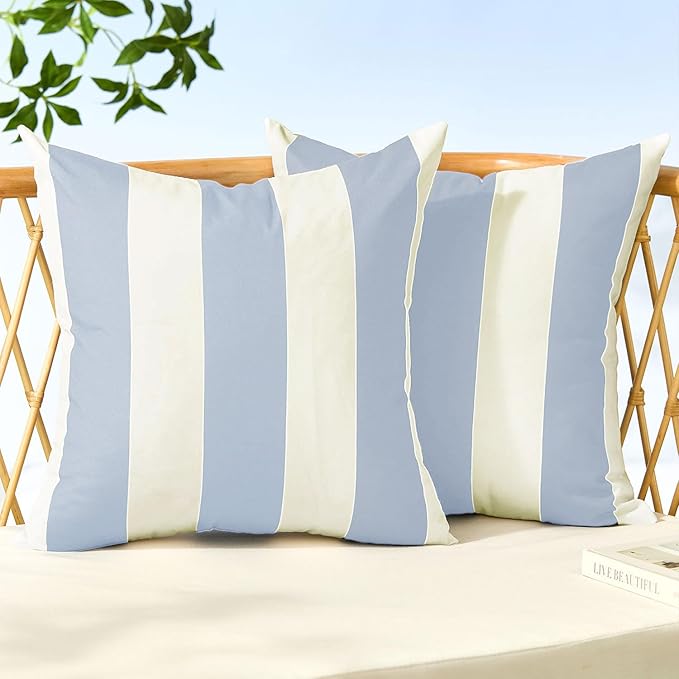 Allorry Outdoor Pillow Covers 18x18 Set of 2 Sky Blue Striped Decoration Throw Pillow Covers for Spring Fall Outdoor Waterproof Garden Patio Furniture Sofa Bed Home Decor JB007-K18