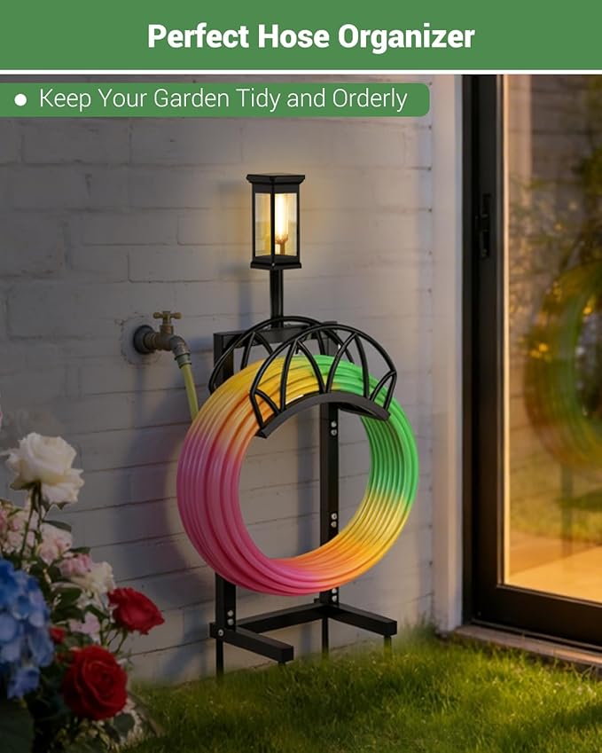 HZE Garden Hose Holder, Freestanding Water Hose Holder Stand for Outside with Solar Light, Heavy Duty Detachable Metal Garden Tube Storage Hanger Rack Holds 160 FT for Yard Lawn Farm, Black