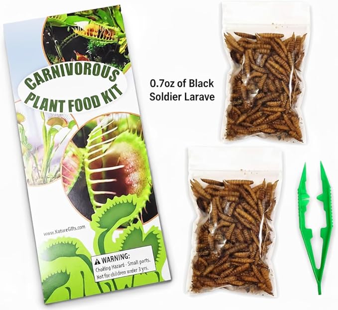 Venus Fly Trap Live Plant Food Bundle – Carnivorous Plant Food with Feeding Tweezers – 2 Resealable 0.35oz Bags of Black Soldier Fly Larvae – Nutrition for Venus Flytraps, Pitcher Plants, and Sundews