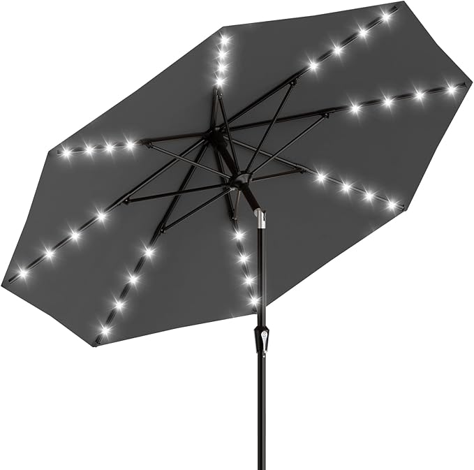 AreShark 9FT Patio Umbrella with Solar Lights, 32 Lighted Pool Umbrella w/Tilt and Crank, Outdoor Market Solar Umbrellas for Garden, Deck, Backyard, Pool and Beach, Gray