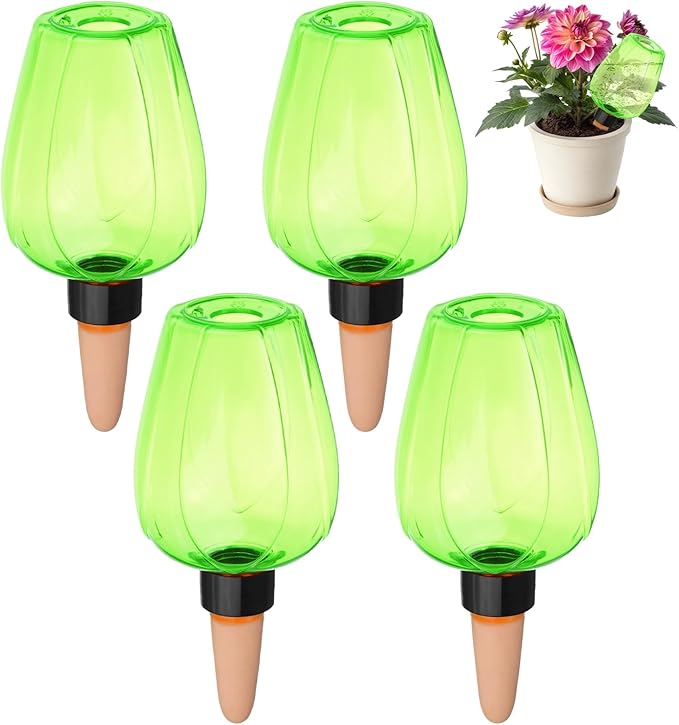 M METERXITY 4-Pack Plant Self Watering Globes, 6.8 oz Plastic Rose Water Bulbs Top Fill for Indoor/Outdoor Plants, Self Watering Spikes Slow Release Terracotta [Green]