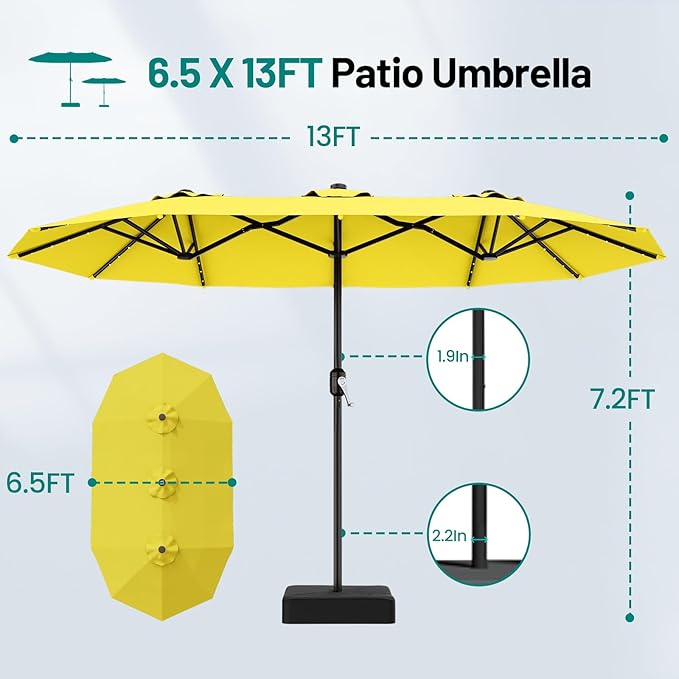 AreShark 13 FT Patio Umbrella with Solar Lights, Double-Sided Outdoor Table Umbrellas with Crank, Large Rectangular Market Umbrella for Porch, Lawn, Pool, Backyard, Yellow