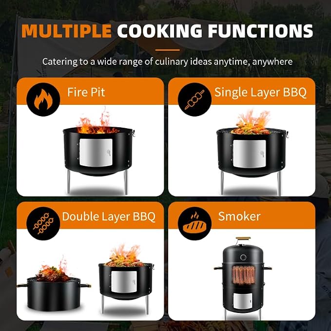 16" BBQ Smoker Grill Built in Thermometer, Air Vent and Two more biger Access Doors, Multi-Layer Meat Smoker Grill with 3 Heat-resistant Handles, Ideal for Outdoor Cooking, Camping, BBQ
