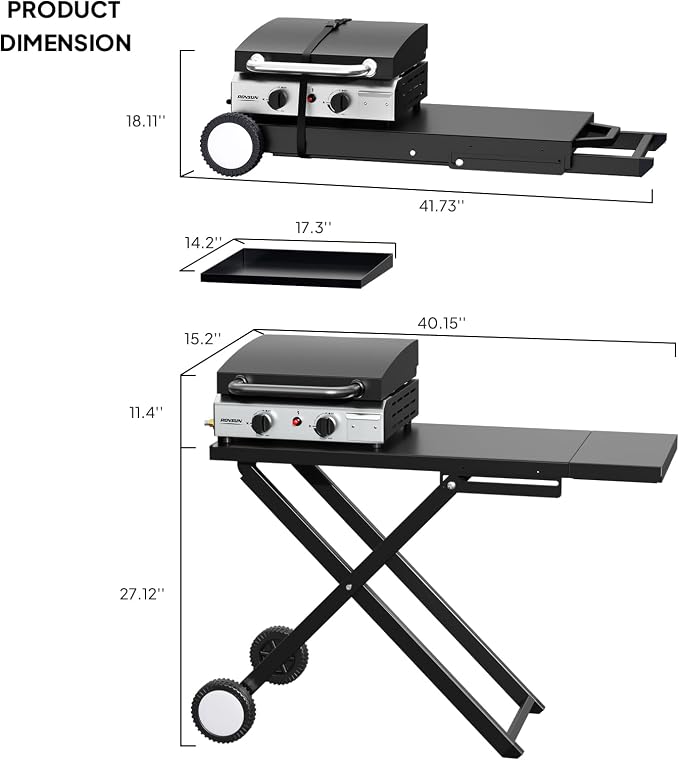 ROVSUN 2 Burner Foldable Propane Griddle with Wheels, Enameled Tray & Lid, 20000 BTU Portable Rolling Flat Top Gas Grill with Electronic Ignition & Regulator for Outdoor Cooking Camping BBQ Tailgating