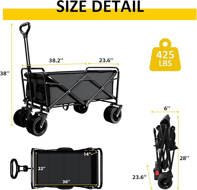 Heavy Duty Collapsible Wagon Cart with Wheels - Large Capacity Foldable Portable Utility Wagon for Grocery, Beach, Camping & Sports Shopping, Black