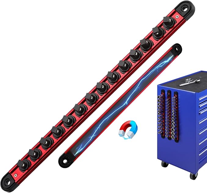 3/8-Inch Magnetic Socket Organizer Rail, Aluminum Alloy Socket Rail, Heavy Duty Sockets Holder with 14 Clips, 360° Swivel Clip Tool Tray, Sockets Organizer for Tool Box Drawer (Red)
