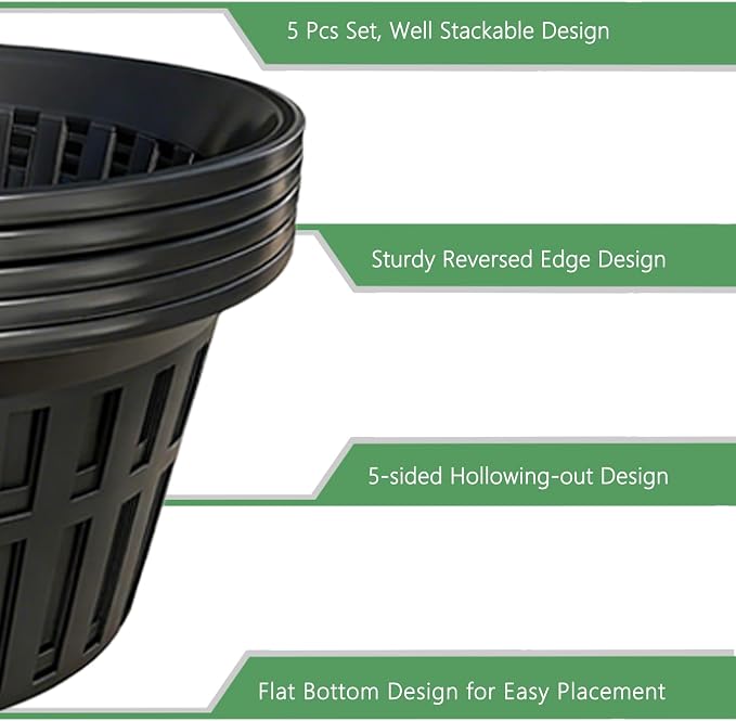 5 Pack 11 Inch Heavy Duty Hydroponic Net Pots, Black Strong Plastic Slotted Mesh Baskets for Orchids, Staghorn Ferns and Airy Grid Planters, with Support Wire