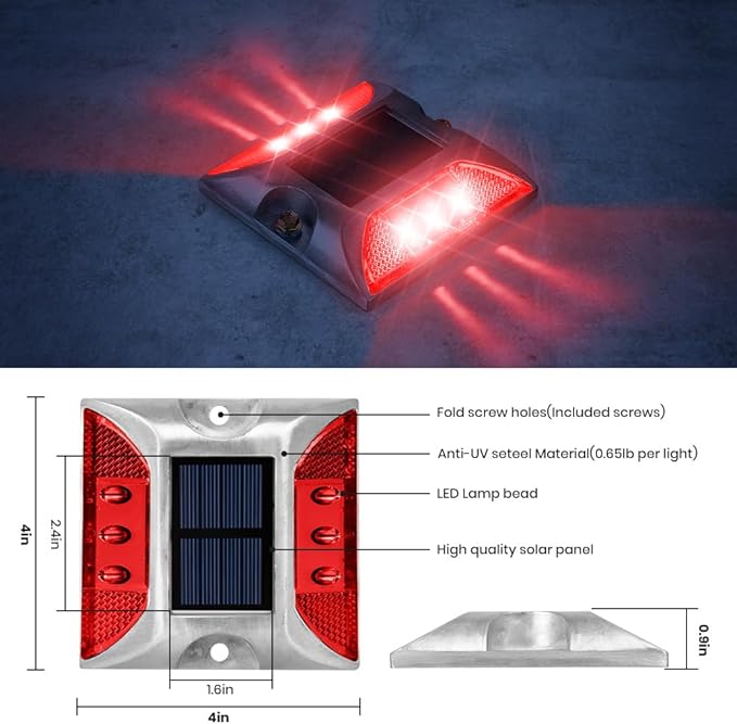Solar Raised Pavement Marker High Brightness IP68 Waterproof Solar Powered Reflector Road Solar Blinker Light for Anti-diecast Aluminum Protruding Signs Safety Warning (Red)