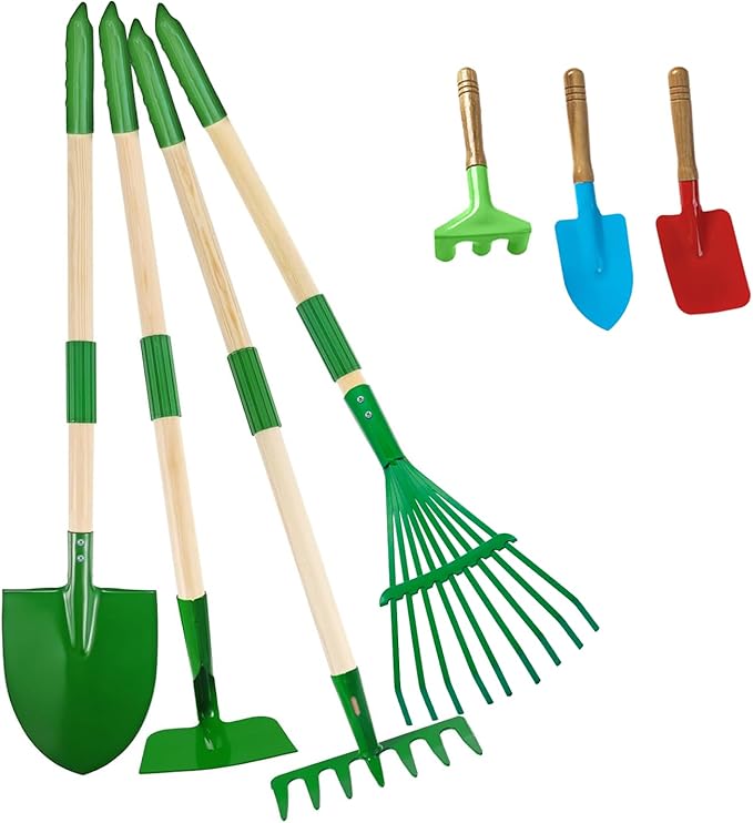 Kids Gardening Tools Set,7Pcs Gardening Set for Kids with Shovel, Rake, Leaf Rake,Summer Outdoor Backyard Farm Digging Weed Toys Beach, Sand, Garden Play Set Birthday Gift for Boys Girls