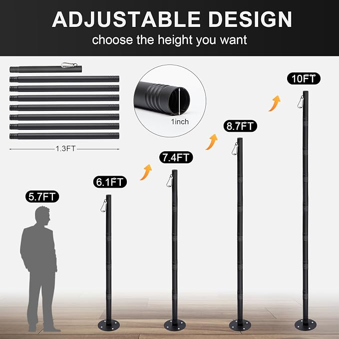 6 Pack 10 Ft String Light Poles for Outdoor String Lights, Heavy Duty Metal Outdoor Light Poles for Deck, Backyard, Garden, Patio, Wedding, Party