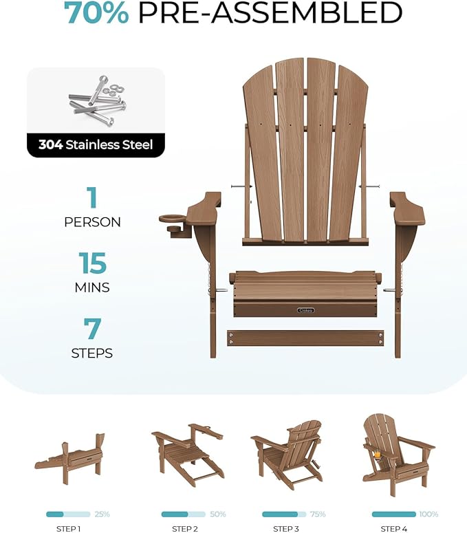 Ciokea Folding Adirondack Chair Wood Texture, Patio Adirondack Chair Weather Resistant, Plastic Fire Pit Chair with Cup Holder, Lawn Chair for Outdoor Porch Garden Backyard Deck (Teak)