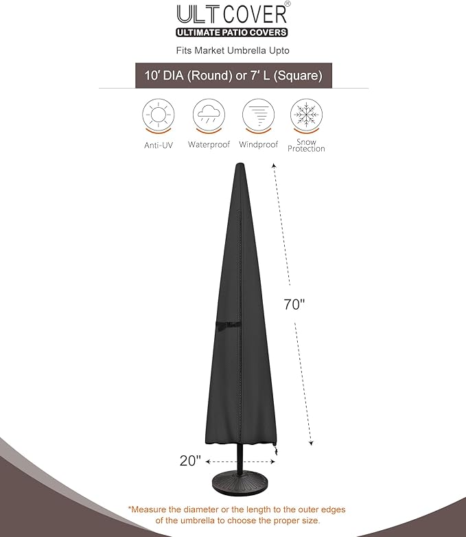 ULTCOVER Patio Parasol 600D Waterproof Outdoor Market Umbrella Cover - Fits Market Umbrella 7-10 Feet, Black