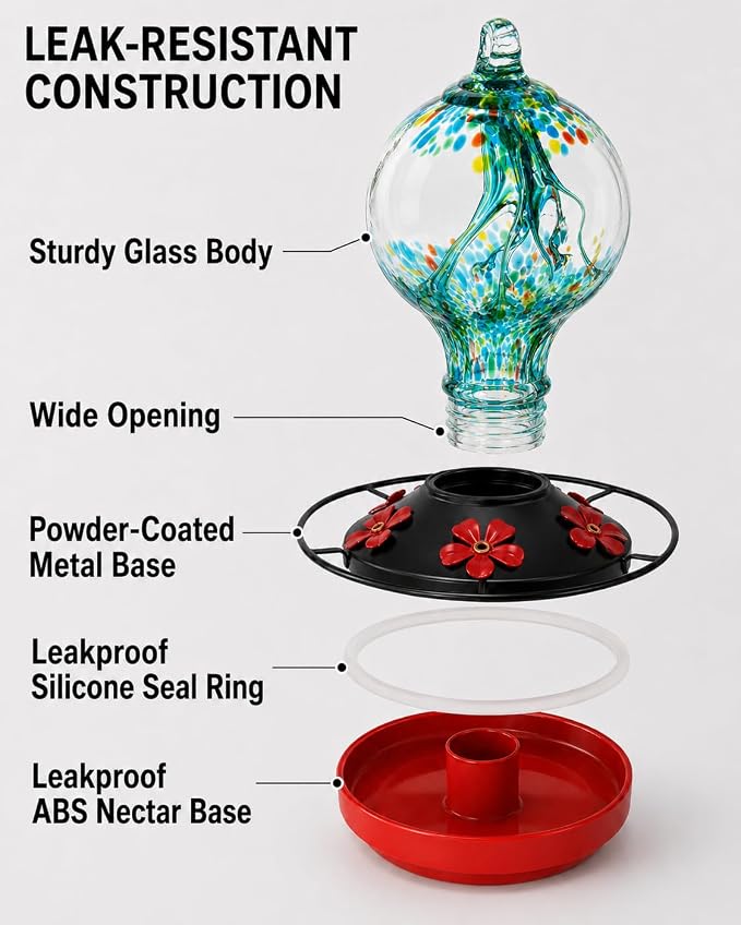 Hummingbird Feeder for Outdoors Hanging, 34 oz, Hand Blown Glass Humming Bird Feeders, Uniqe Gift for Women Mom Garden Bird Lover, Hook & Brush Included, Rainforest Blue