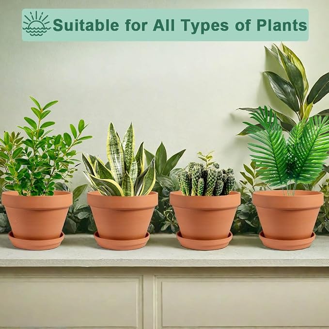 vensovo 8 Inch Clay & Terracotta Pots for Plant with Saucer - 4 Pack Large Ceramic Terra Cotta Planter with Drainage Hole, Clay Flower Pot with Tray for Indoor Outdoor Plants