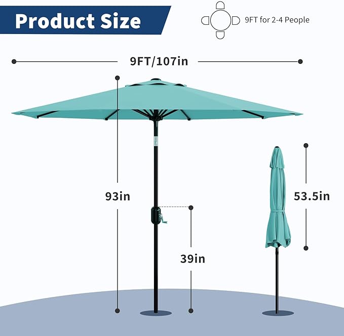Garvee 9 ft Outdoor Patio Umbrella 8 Sturdy Ribs Outdoor Table Umbrella with Crank Lift & Push Button Tilt - UV Protection Waterproof Market Umbrellas for Pool, Deck, Yard, Garden, Lake Blue