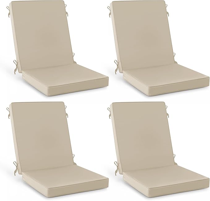 Summsun Outdoor Dining Chair Cushions 4 Pack, Water Resistant High Back Patio Seat Cushion Set with Ties, Removable Covers, Non-Slip Bottom for Garden Lawn Patio Furniture, 44 x 20 Inch, Cream