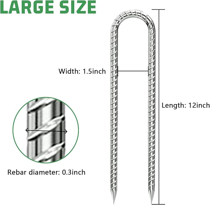 Rebar-Stakes-12-Inch, Ground Stakes Heavy Duty U-Hook Galvanized Anti-Rust Tent Stakes Heavy Duty Ground Anchors for Garden Dog Fence Chicken Coop Christmas Decorations Deer Fence 16pcs