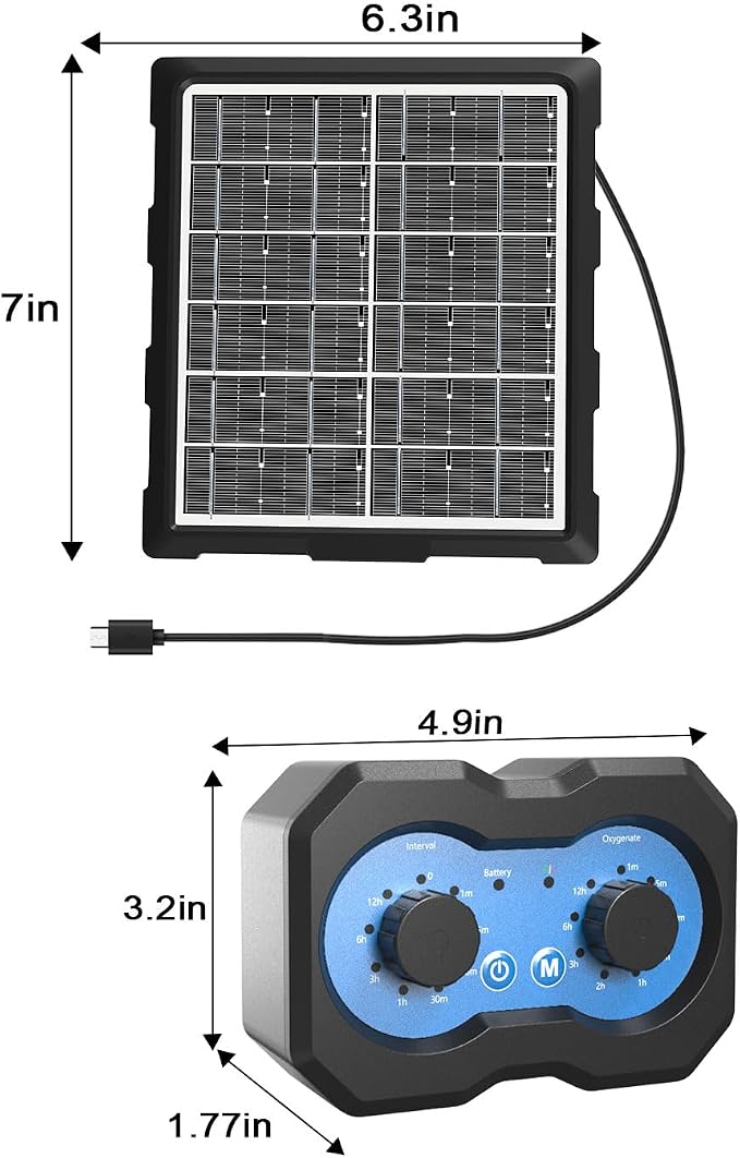 Solar Oxygen Pump for Pond, Solar Air Pump with Timer, Pond Aerator, Bubble Adjuster, 2 Modes for Small Fish Tank Hydroponics