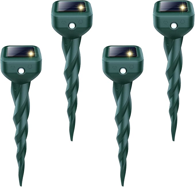 Mole Repellent Solar Powered, 4 Pack Snake & Skunk Repellent for Yard, IP 65 Waterproof Ultrasonic Deterrent Stakes, Get Rid for Rabbit, Gopher, Vole, Chipmunk, Deer, Groundhog for Lawns Garden