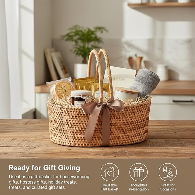 Handwoven Rattan Storage Basket with Handles, Natural Wicker Decorative Basket for Kitchen Counter, Pantry Organization, Floral Arrangement, Gift Packaging & Home Decor