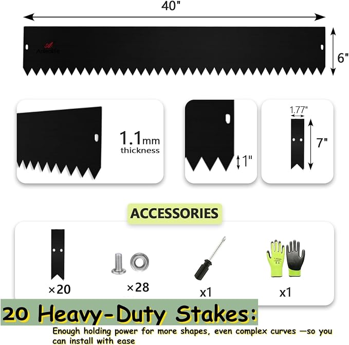 A ANLEOLIFE 40FT Galvanized Steel Landscape Edging, 12-Pack 40" L x 6" H Hammer-in Metal Garden Border with 20 Stakes for Lawn, Pathway, Flower Beds – Black