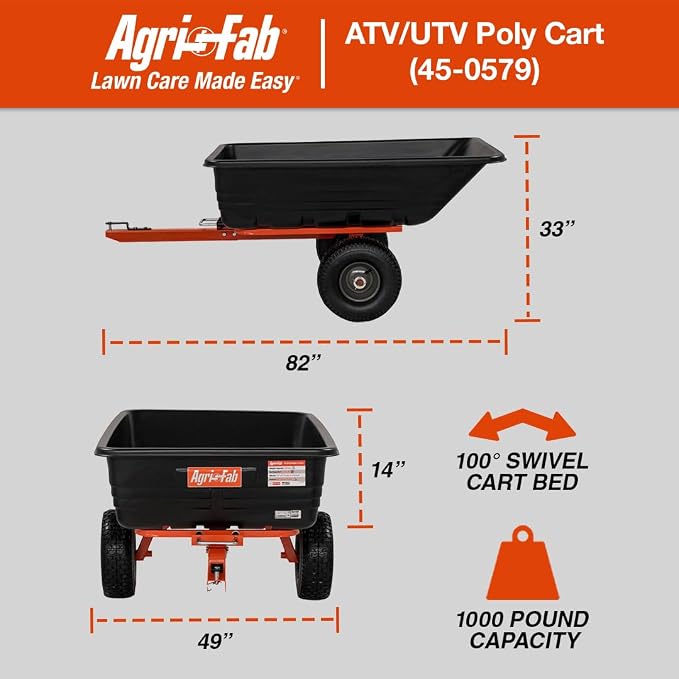 Agri-Fab Tow Behind Poly Dump Swivel Cart for ATV, UTV and Riding Lawn Mowers, 1000 lb Capacity, 17 Cu Ft Utility Trailer
