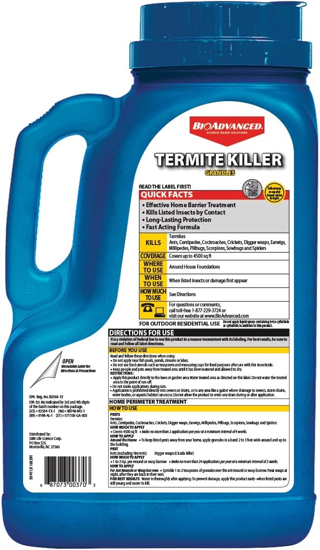 BioAdvanced Termite Killer Granules - Fast-Acting Termite Treatment - Outdoor Insect Control Home Barrier - Up to 30 Days Protection - Covers 4,500 Square Feet - 9 lb Bottle
