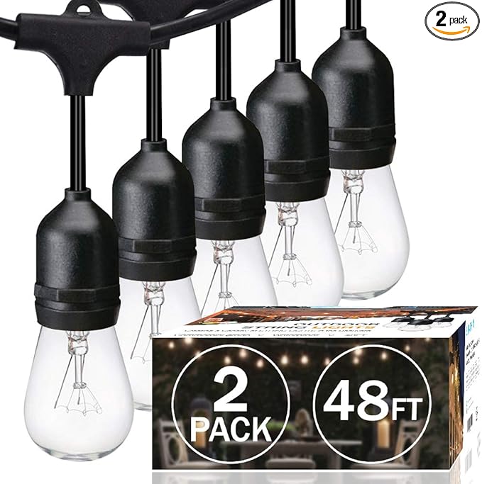 SUNTHIN 2 Pack 48FT Outdoor String Lights,Hanging Incandescent String Lights Commercial Grade Waterproof Patio Light Outside with Dimmable Connectable Edison Glass Bulbs for Bistro,Party,Holiday Decor