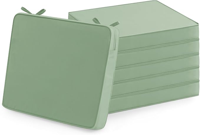 Outdoor Chair Cushions Set of 6: Waterproof & Fade Resistant Seat Cushion for Patio Furniture - 19 x 19 x 2 Inch Chair Pads with Ties and Hidden Zipper - Patio Chair Cushion Replacement, Sage Green