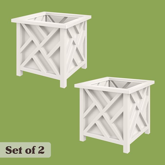 Lattice Design Outdoor Planter Box 2-Pack - 15.5” Square 16.5” Tall White Decorative Plant Pots for Front Porch Decor - Flower Pots Outdoor Planters for Porch Patio or Garden Decor by Pure Garden