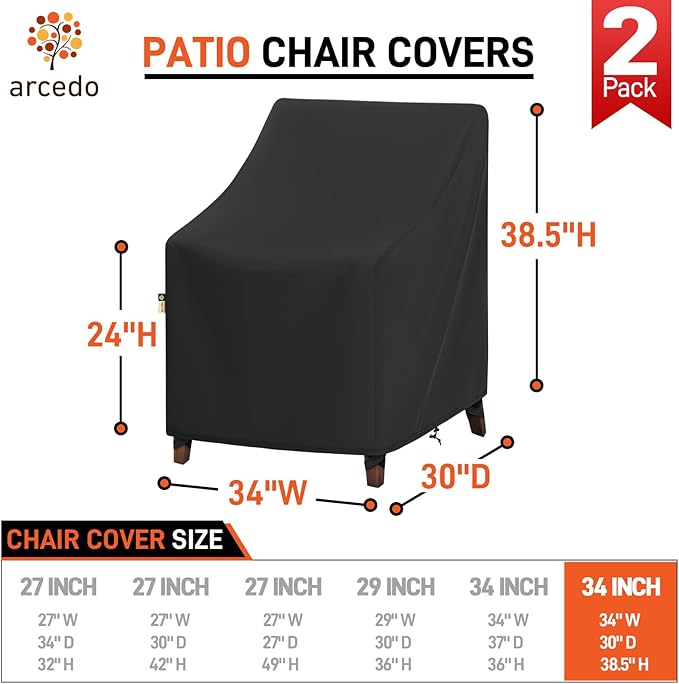 Arcedo Waterproof Outdoor Chair Covers 2 Pack for Lawn Furniture, Patio Lounge Deep Seat Swivel Chair Cover Fade Resistant All Weather Protection, 34”W x 30”D x 38.5”H, Black