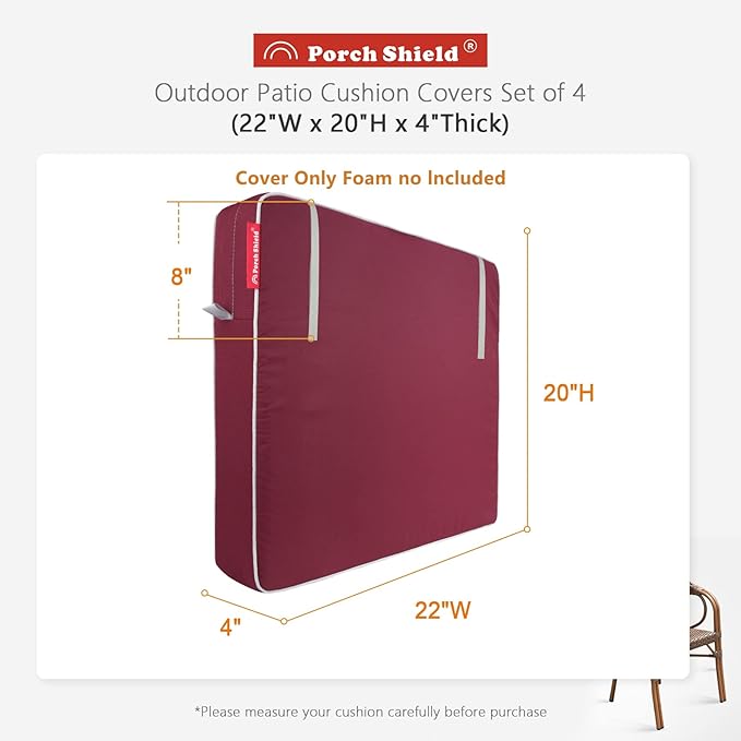 Porch Shield Patio Chair Seat Cushion Covers Set 4 Waterproof Fade Resistant Outdoor Cushion Slipcovers 22 x 20 x 4 inch, Burgundy