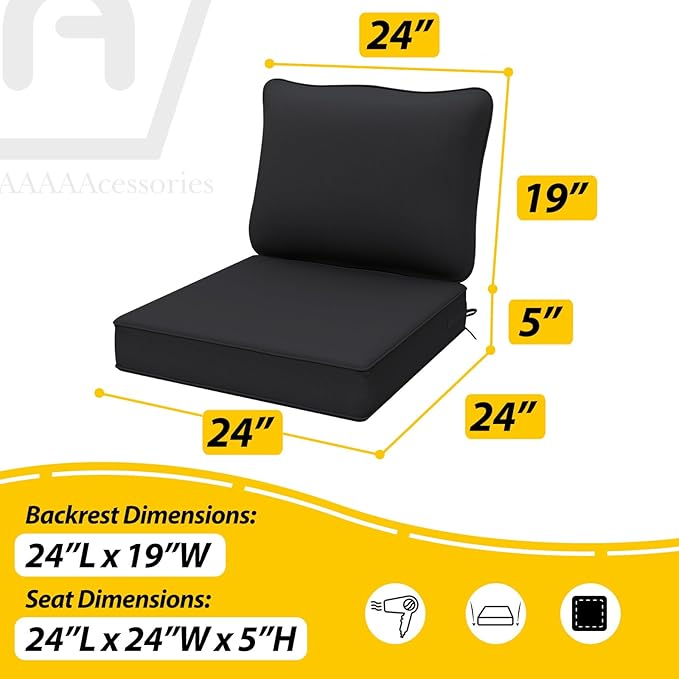 AAAAAcessories Outdoor Seat Cushions for Chairs, Fade-Resistant, Waterproof Patio Furniture Replacement Cushions, 24" x 24" x 5" + 24" x 19", Black