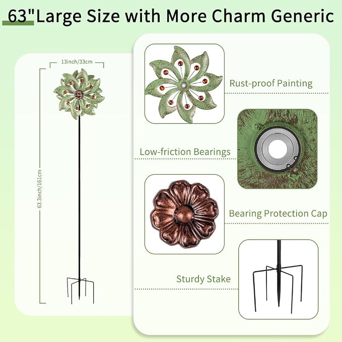 Stargarden Outdoor Wind Spinner-Double Wind Sculpture 63 * 13" Metal Windmill for Garden Patio Yard Decor -Green