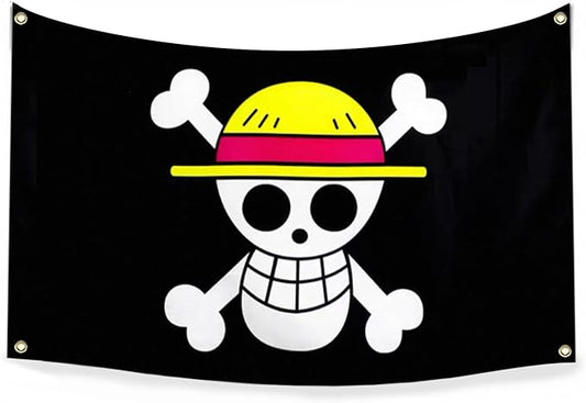 5x3 FT Multicolor Anime Style Pirate Flag with Luffy's Straw Hat Skull Design for Halloween Decor, Japanese Theme Party, Room Decoration