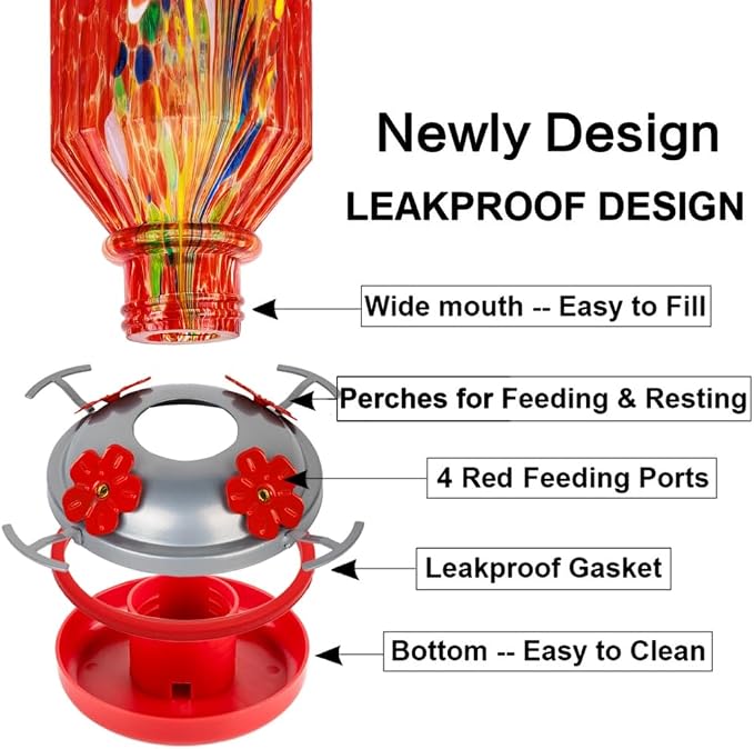 Hand Blown Glass Hummingbird Feeder for Outdoors Hanging Round Chaning Color 32 OZ Large Humming Birds Feeders with Accessories Gift for Women Mom (Red)