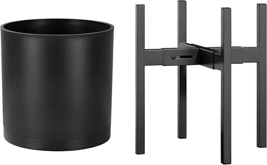 FaithLand 8-Inch Black Planter & 8”-12” Adjustable Stand Bundle