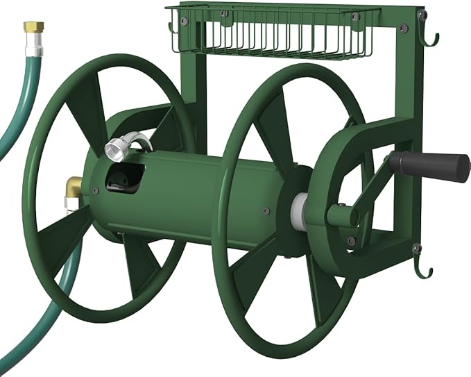 Artigarden Outdoor Wall Mounted Hose Reel with Hook, Garden Heavy-Duty Water Holder Winder with 3.9 ft Leader Hose, Brass Fitting and Storage Basket for Yard, Holds 125 Ft of 5/8-Inch Hoses, Green
