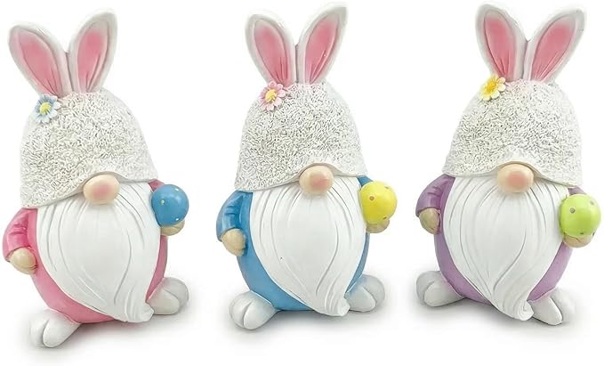 GoGnome Easter Gnome Figurines Set of 3 – Bunny Ear Resin Gnome Easter Decorations for Home | Spring Tabletop Decor, Tiered Tray Decorations, Cute Easter Bunny Gnomes (Pink/Blue/Purple)