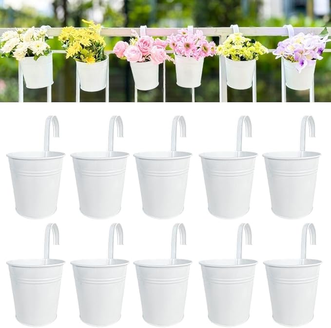 LaLaGreen Bundle- 10 Pack, 4 Inch Cute Size White Metal Pot + 6 Pack, 15 Inch Large Metal Pot Outdoor Rail Planter Boxes with Hanger Hook Window Hanging Plant Flower Herb Bucket Fence Deck Patio Porch