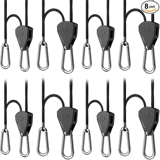AC Infinity, Adjustable 1/8” Rope Hanger, Heavy-Duty Stainless Steel Gears Ratchets, 150 lbs Weight Capacity, 2 Pairs (Pack of 2)