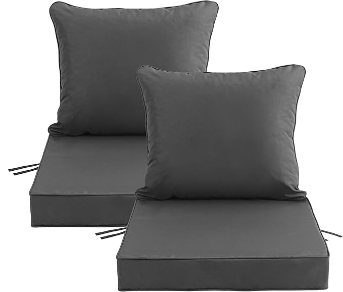 22x22 Inch Patio Chair Cushions Set of 2, Outdoor Furniture Cushions - Removable Cover, Water-Repellent, Fade-Resistant, Non-Slip Bottom & Straps, Replacement for Lawn, Porch & Deck Chair - Dark Grey