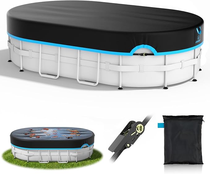 12x20 Ft Winter Oval Pool Cover, Heavy Duty Pool Cover Protector with Fast Tightening Ratchet, 420D Oxford Fabric for All Season Use - Tear Resistant, UV & Dust Proof